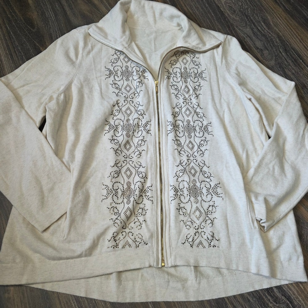 Cream Cotton Cashmere Blend Zip Up Cardigan Rhinestone Embellished Mock Neck L